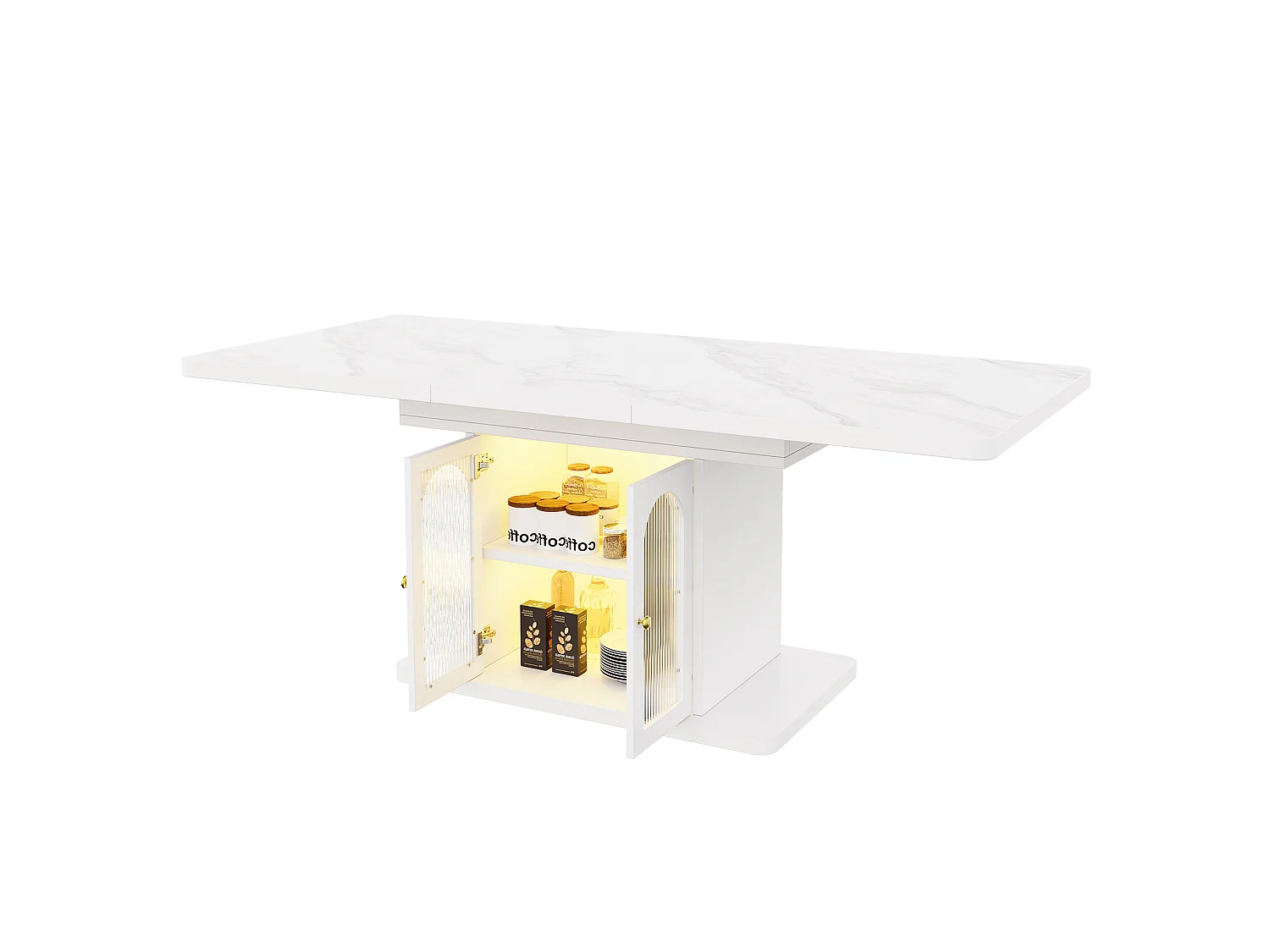 Table à manger extensible blanche effet marbre 150-200 x 80 cm avec rangement et éclairage LED