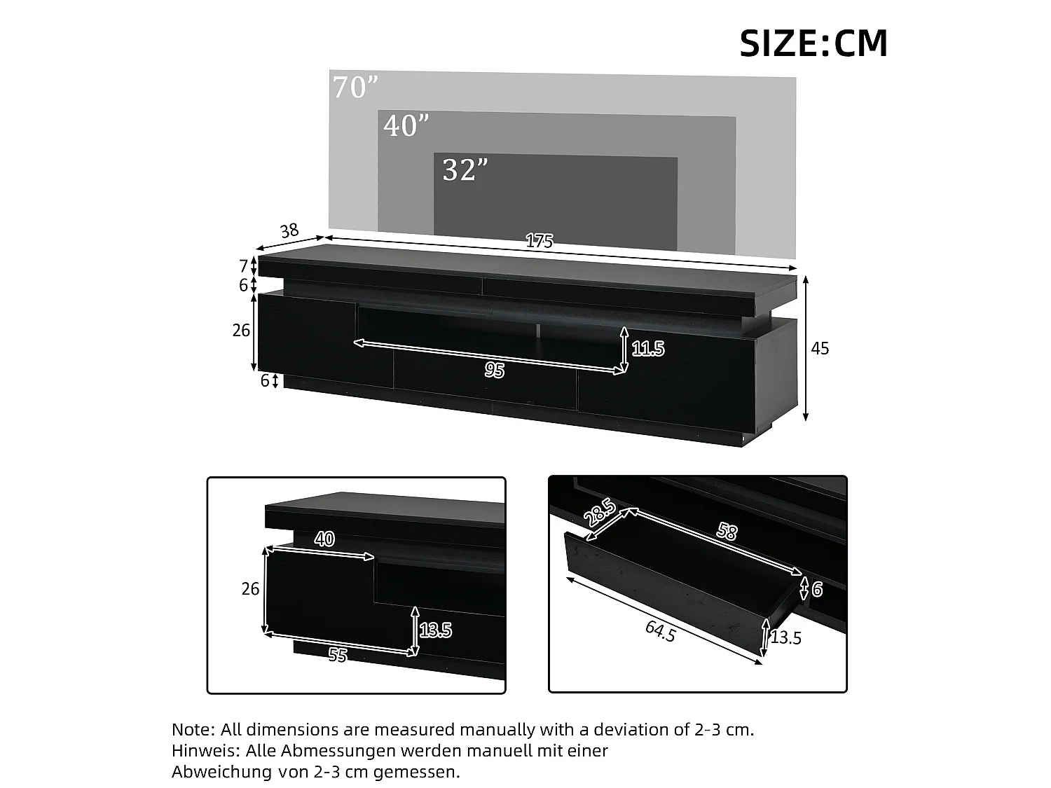Mobile TV 175 cm nero lucido con illuminazione LED, 2 ante a L, 1 cassetto e vano semiaperto per soggiorno