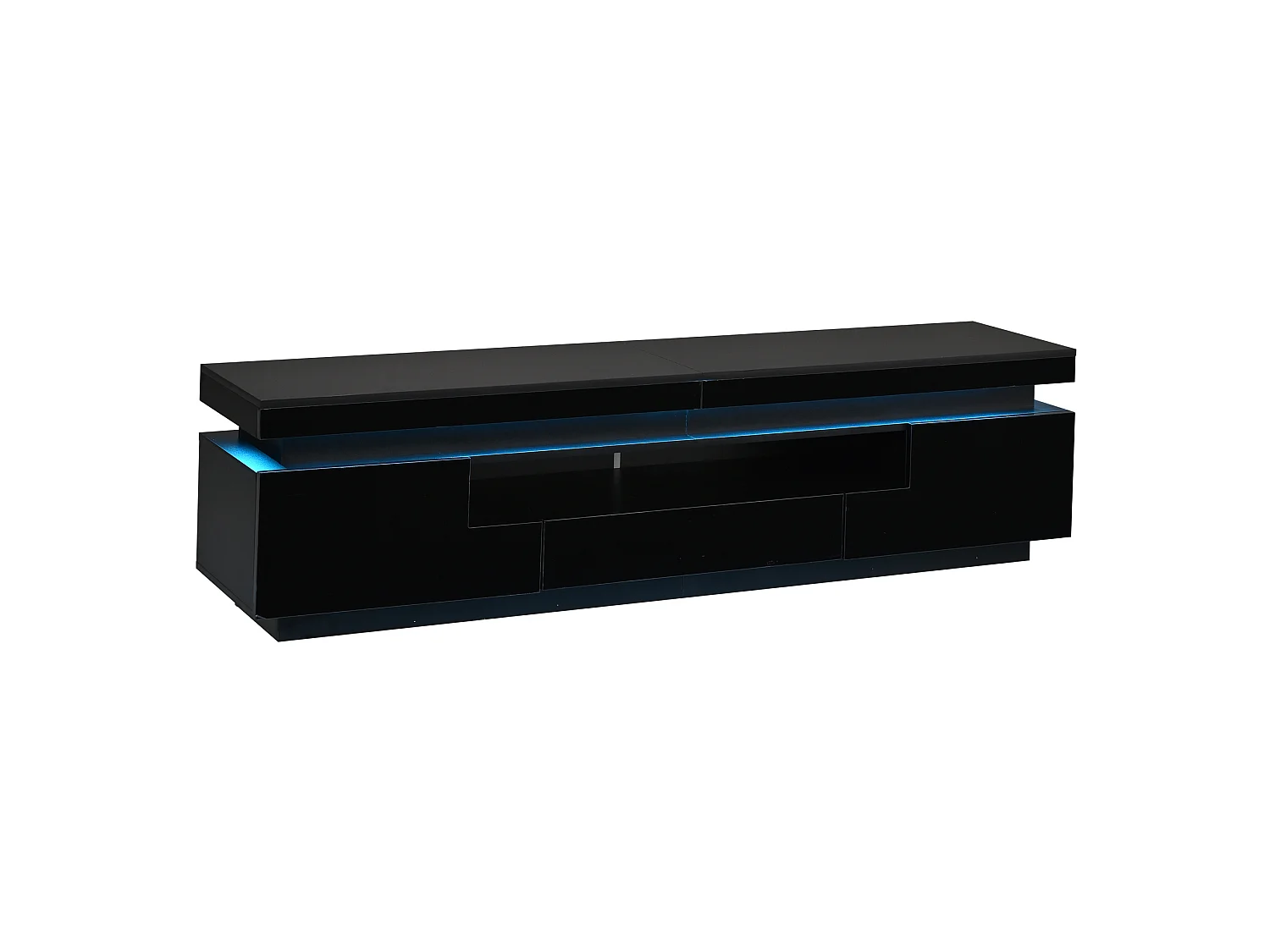 Mobile TV 175 cm nero lucido con illuminazione LED, 2 ante a L, 1 cassetto e vano semiaperto per soggiorno