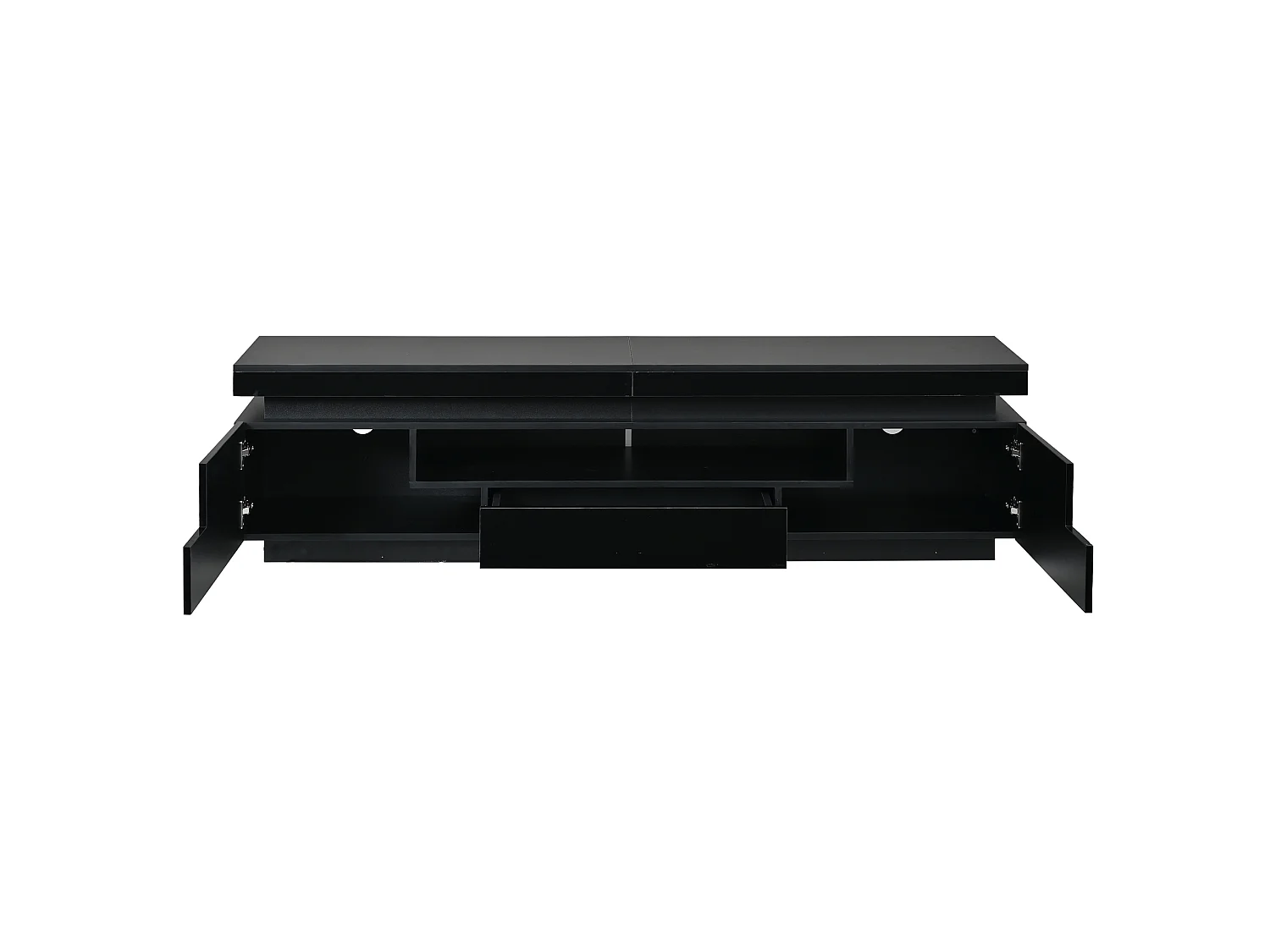 Mobile TV 175 cm nero lucido con illuminazione LED, 2 ante a L, 1 cassetto e vano semiaperto per soggiorno