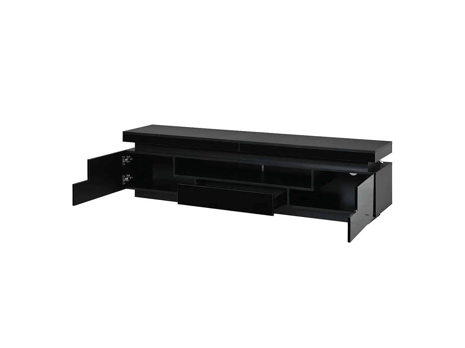 Mobile TV 175 cm nero lucido con illuminazione LED, 2 ante a L, 1 cassetto e vano semiaperto per soggiorno