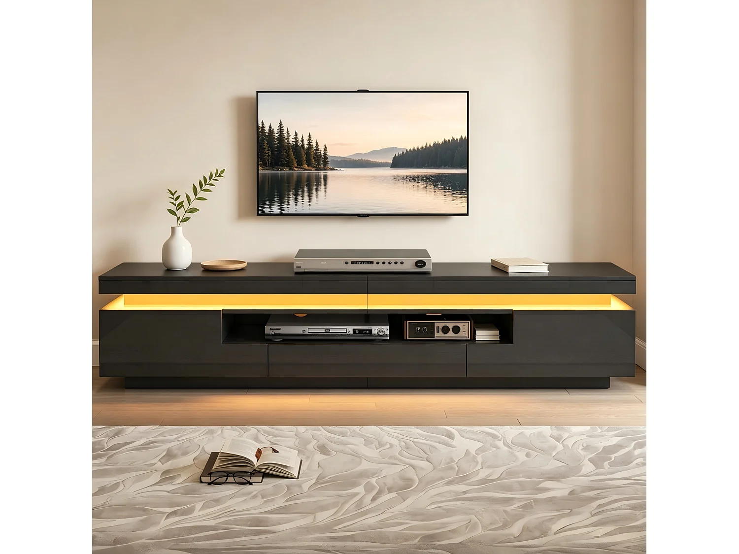 Mobile TV 175 cm nero lucido con illuminazione LED, 2 ante a L, 1 cassetto e vano semiaperto per soggiorno