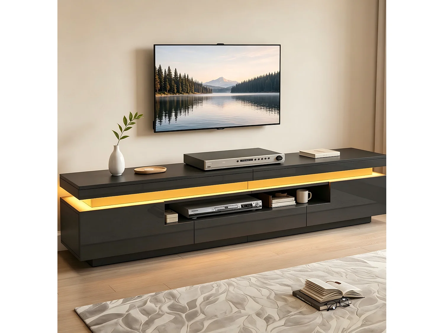 Mobile TV 175 cm nero lucido con illuminazione LED, 2 ante a L, 1 cassetto e vano semiaperto per soggiorno