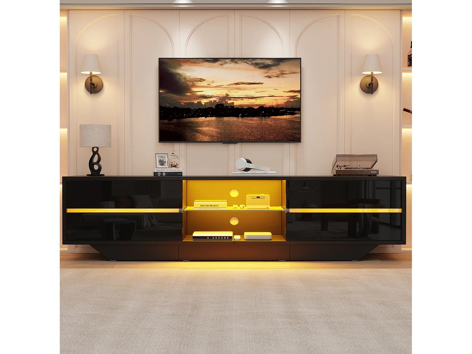 Mobile TV 160 cm nero lucido con illuminazione LED RGB, 2 ante ribaltabili e spazio contenitivo per soggiorno