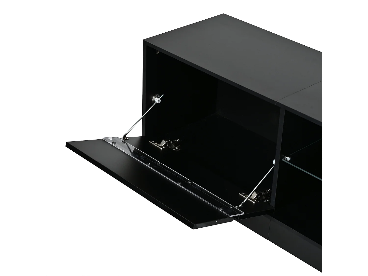 Mobile TV 160 cm nero lucido con illuminazione LED RGB, 2 ante ribaltabili e spazio contenitivo per soggiorno
