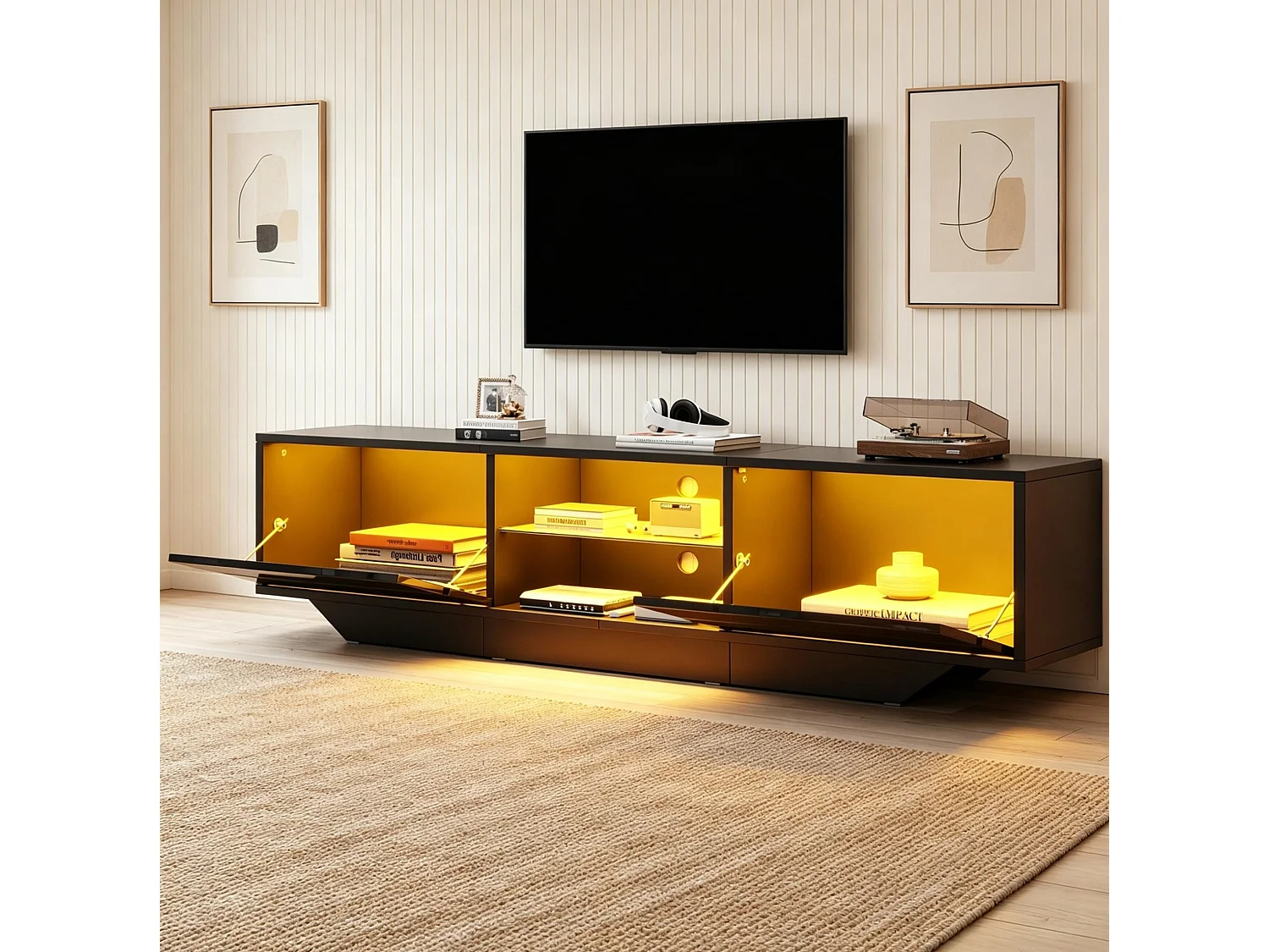 Mobile TV 160 cm nero lucido con illuminazione LED RGB, 2 ante ribaltabili e spazio contenitivo per soggiorno