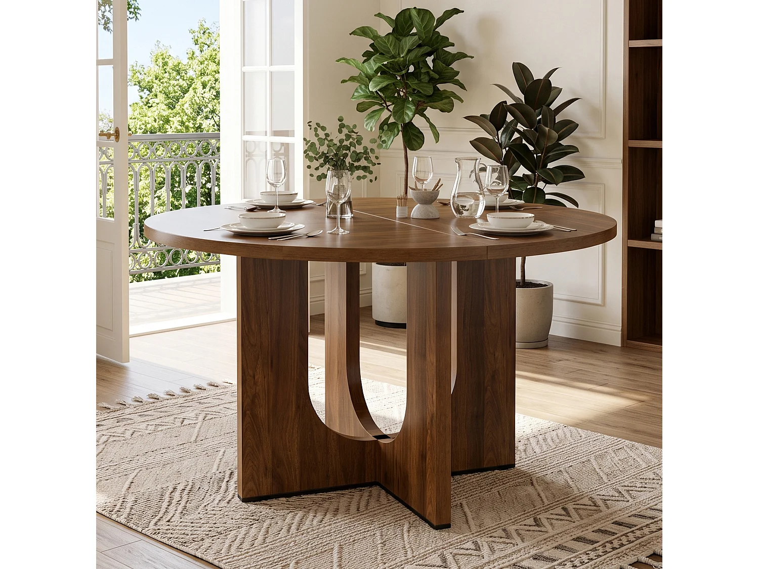 Table à manger ronde 120 cm effet noyer pour 4 à 6 personnes, table en MDF adaptée au salon