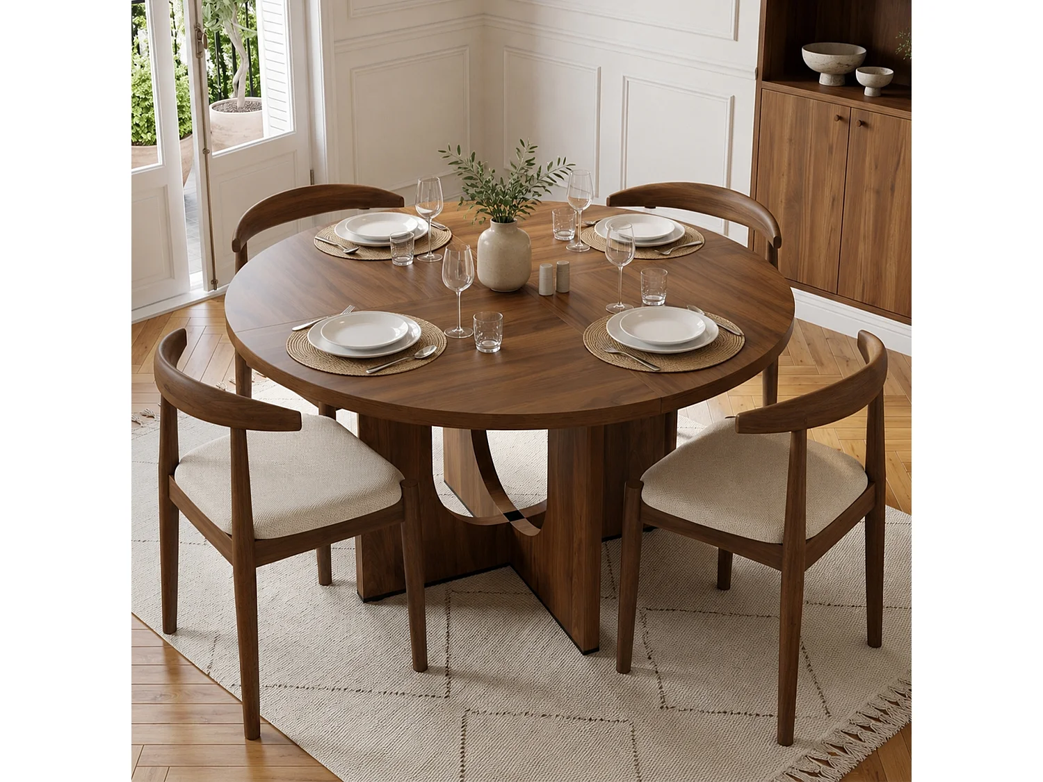 Table à manger ronde 120 cm effet noyer pour 4 à 6 personnes, table en MDF adaptée au salon