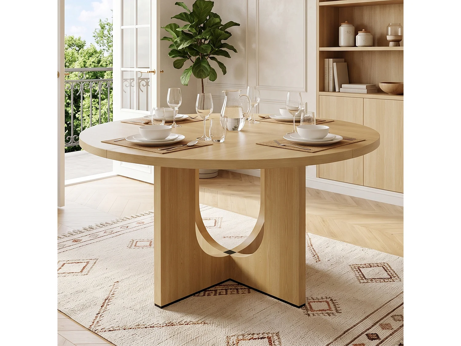 Table à manger ronde 120 cm effet naturel pour 4 à 6 personnes, table en MDF adaptée au salon