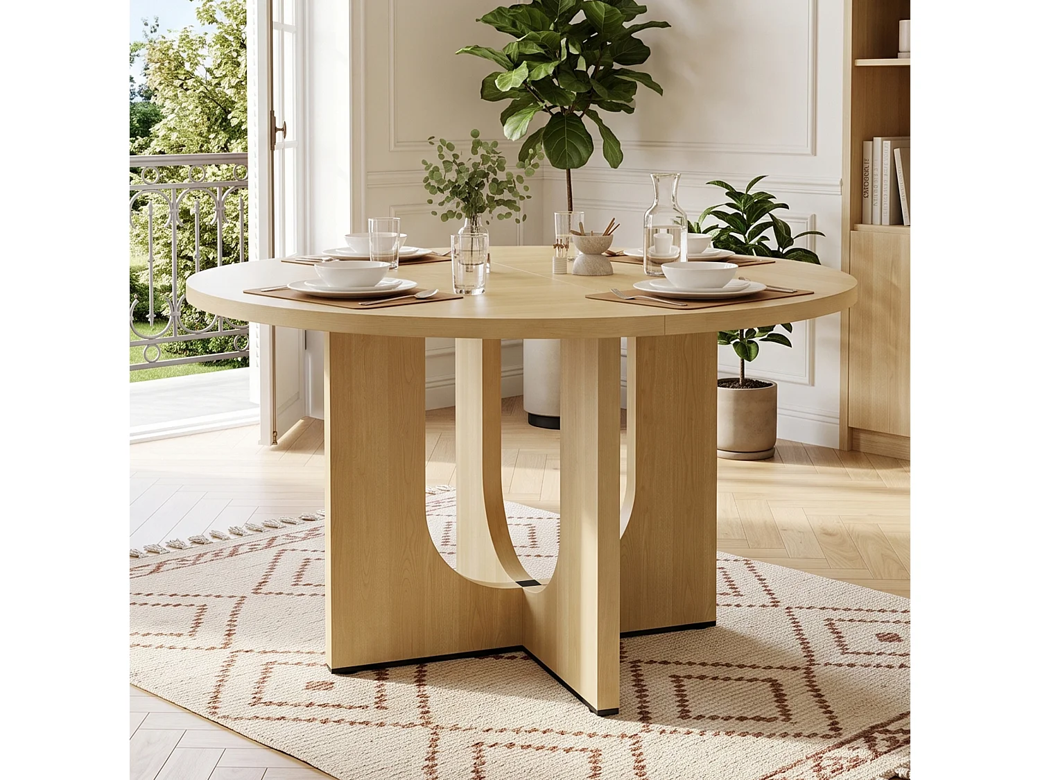 Table à manger ronde 120 cm effet naturel pour 4 à 6 personnes, table en MDF adaptée au salon