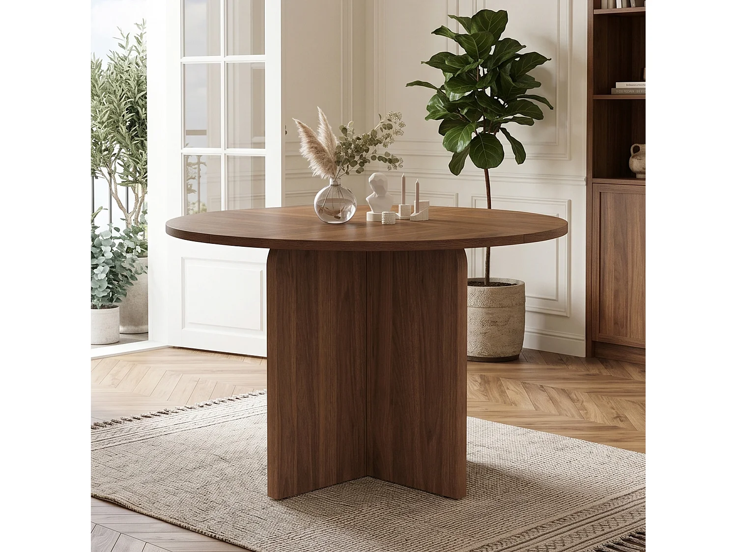 Table à manger ronde 120 cm marron pour 4 à 6 personnes, plateau aspect bois en MDF
