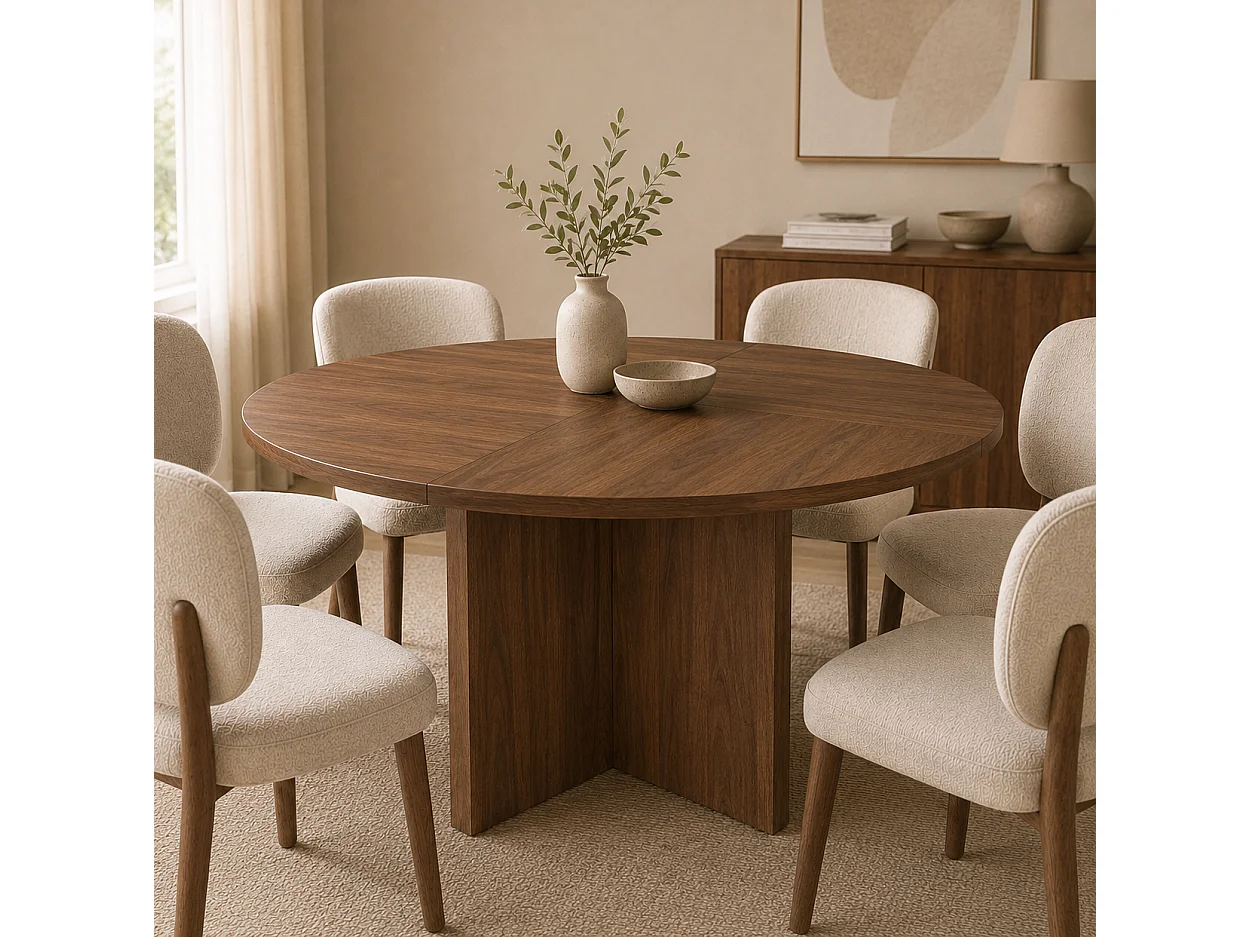 Table à manger ronde 120 cm marron pour 4 à 6 personnes, plateau aspect bois en MDF