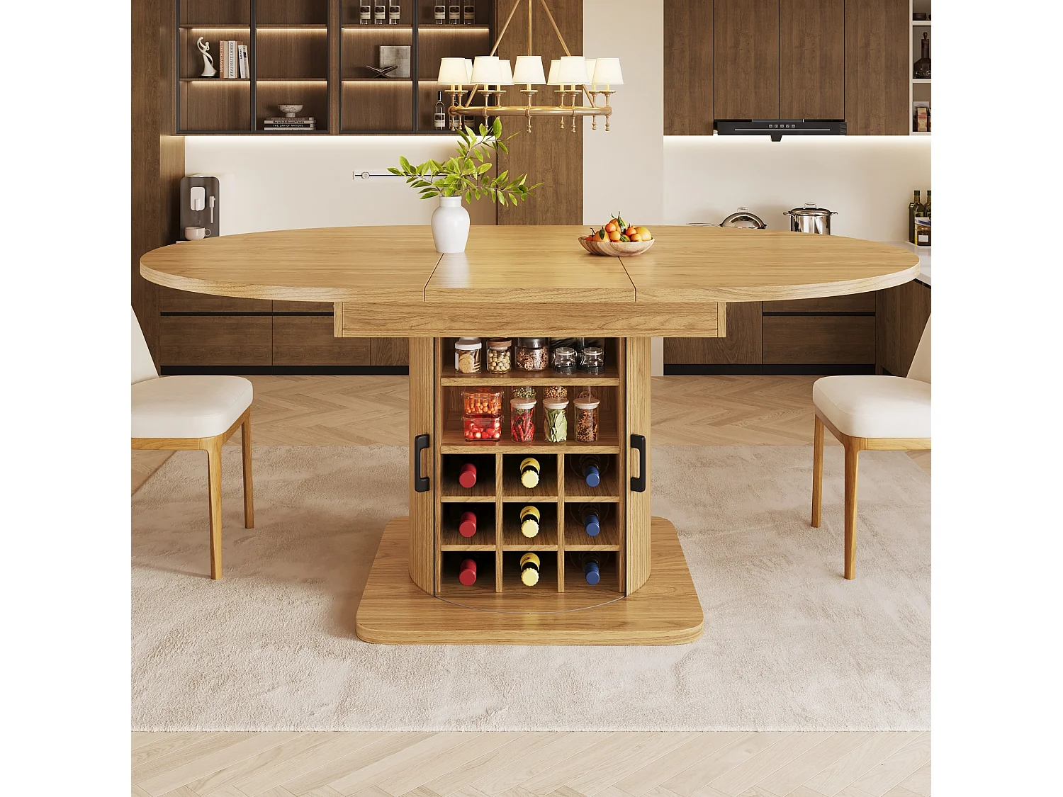Table de salle à manger extensible naturel clair en MDF pour 4 à 6 personnes, multifonction avec rangement et étagères amovibles
