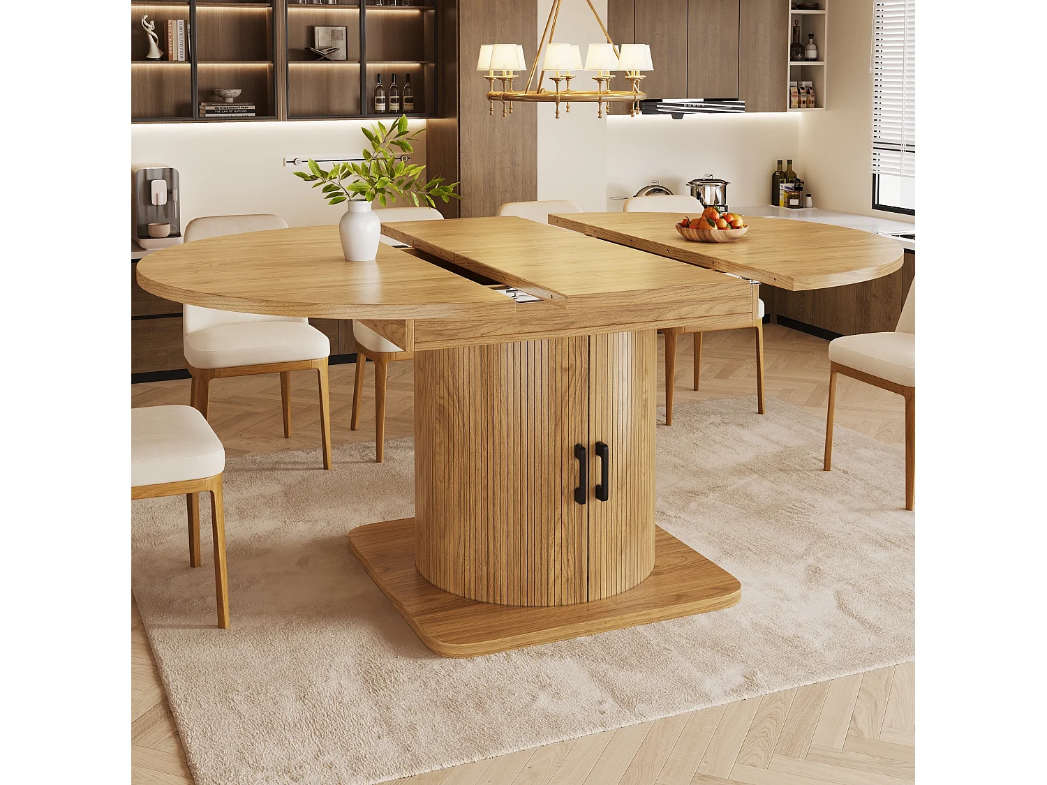 Table de salle à manger extensible naturel clair en MDF pour 4 à 6 personnes, multifonction avec rangement et étagères amovibles