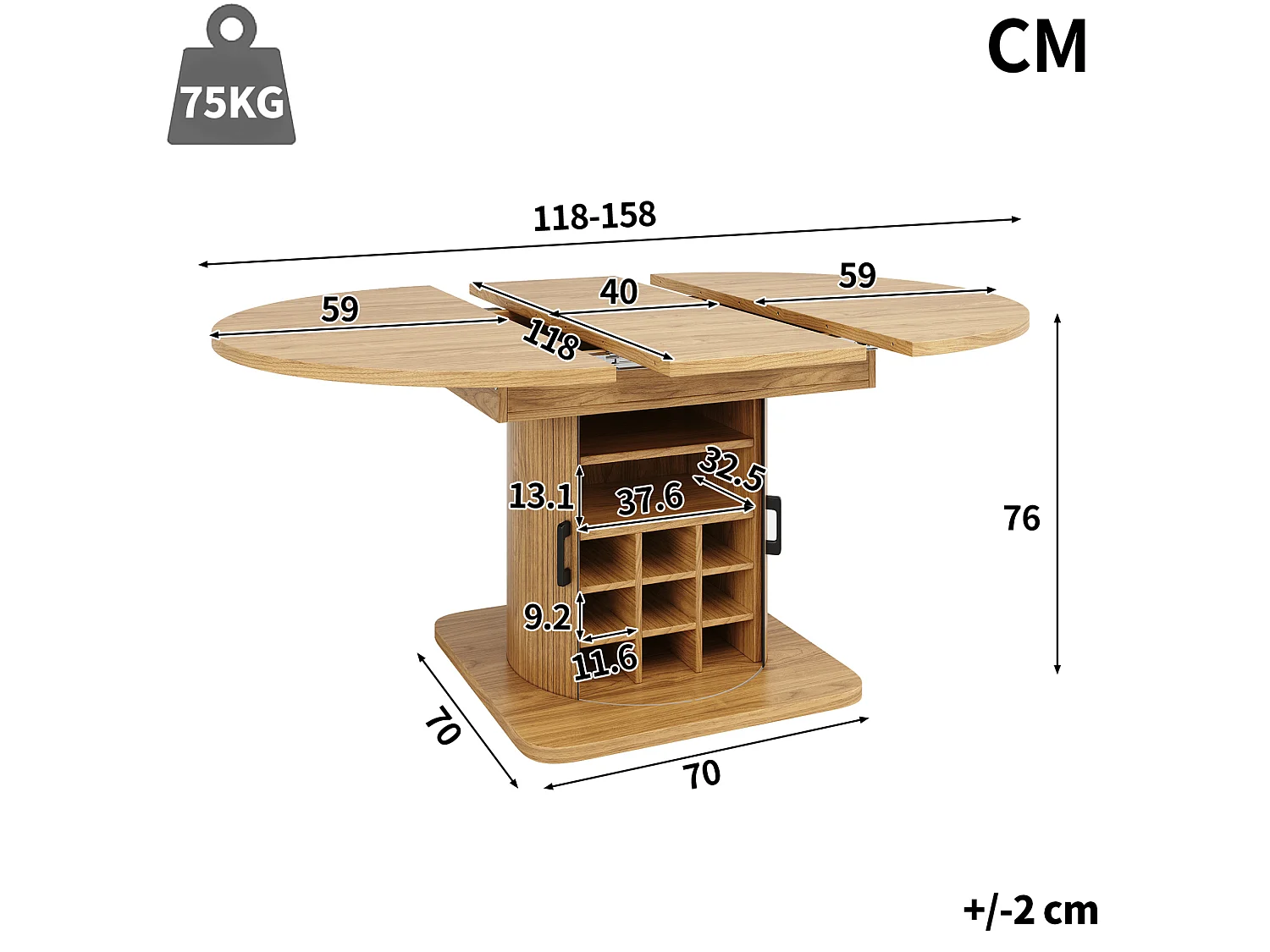 Table de salle à manger extensible naturel clair en MDF pour 4 à 6 personnes, multifonction avec rangement et étagères amovibles