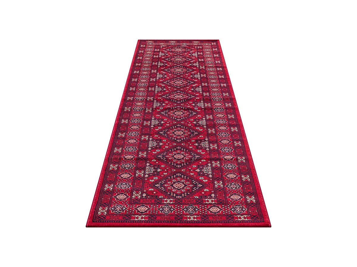 Tapis Dubai Deluxe salon orient losanges classique, Rouge, 80 x 300 cm