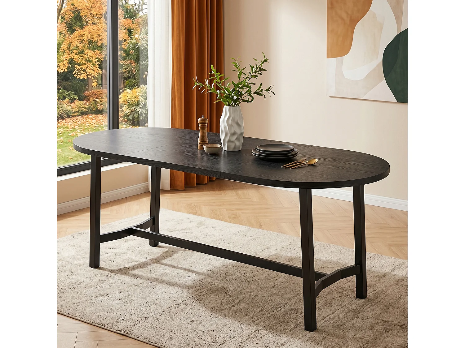Table à manger ovale 180 x 80 cm noire pour 6 à 8 personnes, coins arrondis, pieds en métal, style moderne