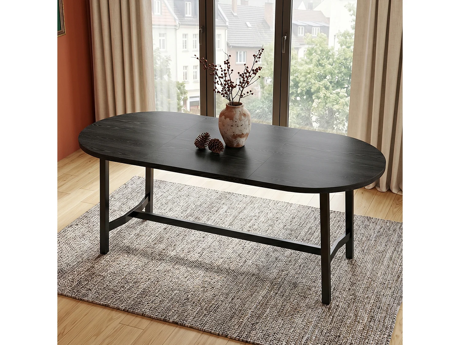 Table à manger ovale 180 x 80 cm noire pour 6 à 8 personnes, coins arrondis, pieds en métal, style moderne