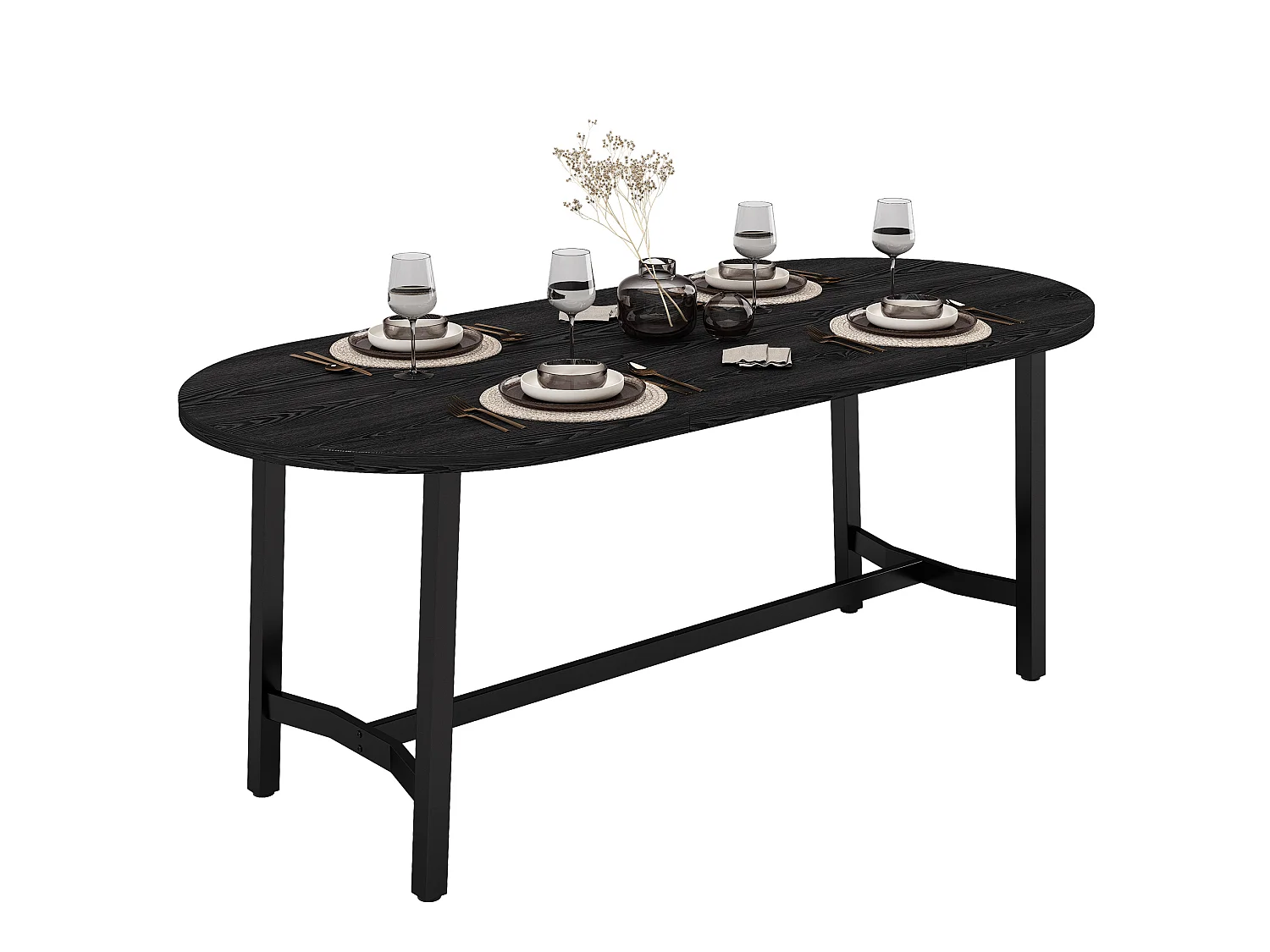 Table à manger ovale 180 x 80 cm noire pour 6 à 8 personnes, coins arrondis, pieds en métal, style moderne