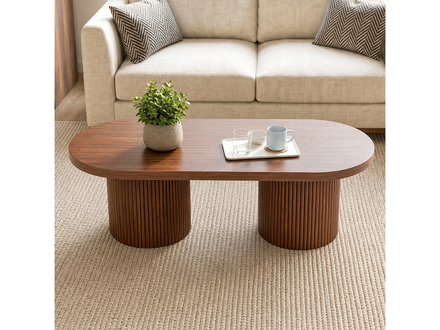 Tavolino ovale 100x50x35 cm finitura marrone per soggiorno, stile retr貌 minimalista, mdf rinforzato, gambe cilindriche