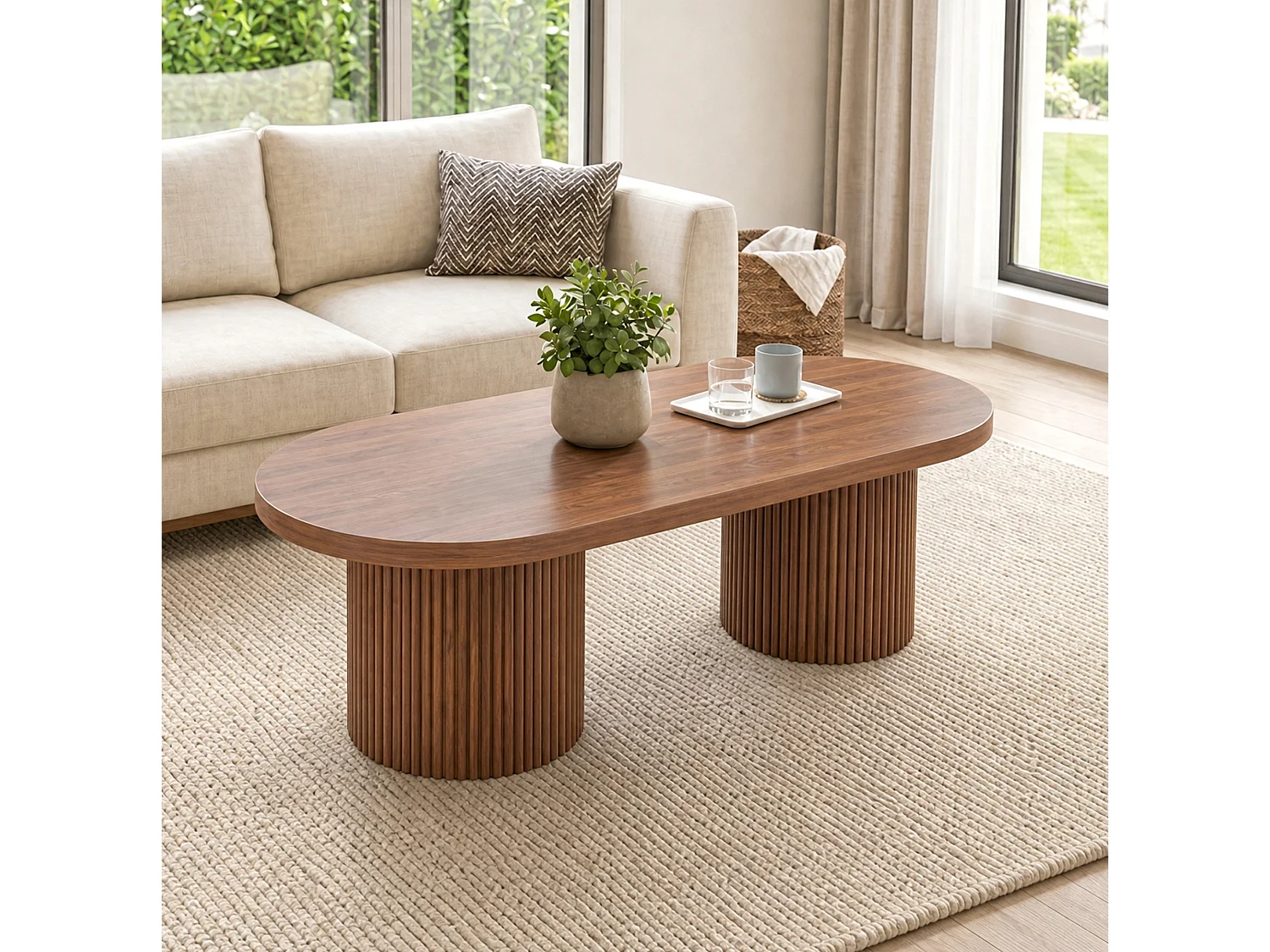Tavolino ovale 100x50x35 cm finitura marrone per soggiorno, stile retr貌 minimalista, mdf rinforzato, gambe cilindriche