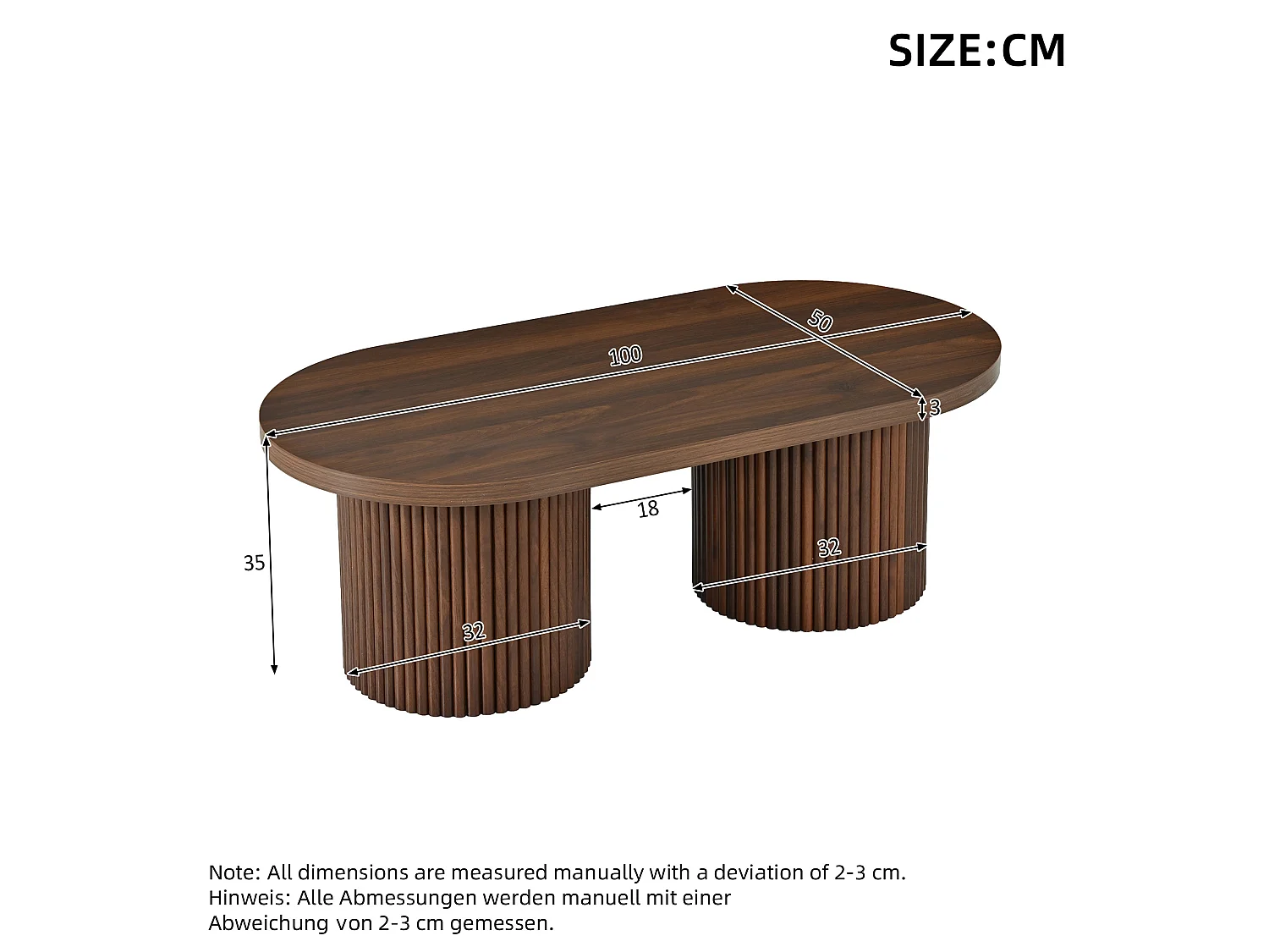 Tavolino ovale 100x50x35 cm finitura marrone per soggiorno, stile retr貌 minimalista, mdf rinforzato, gambe cilindriche