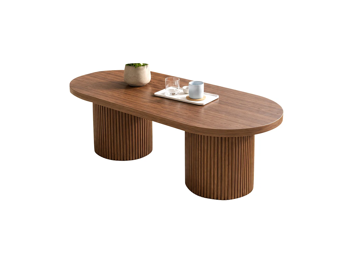 Tavolino ovale 100x50x35 cm finitura marrone per soggiorno, stile retr貌 minimalista, mdf rinforzato, gambe cilindriche