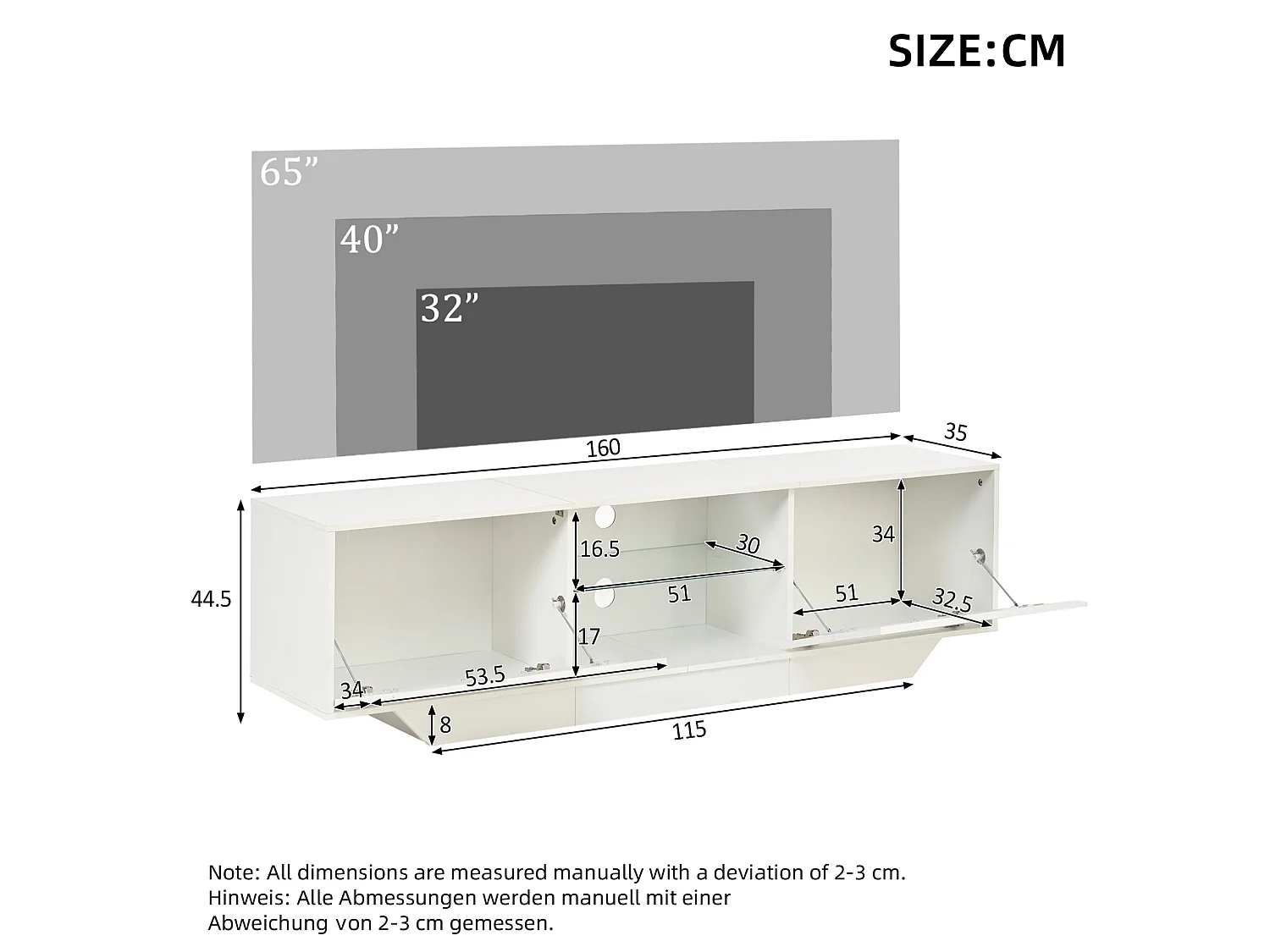TV-Schrank 160 cm Hochglanz weiß mit LED-Beleuchtung, 2 Klapptüren und 4 Staurräumen für Wohnzimmer