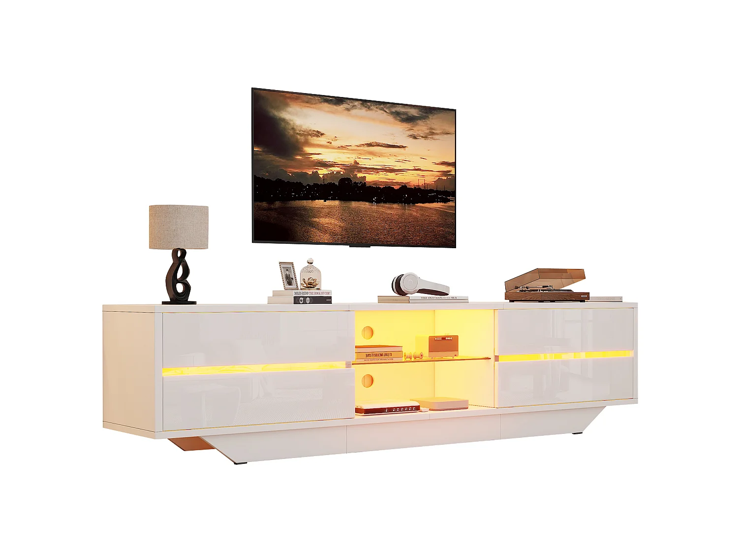 TV-Schrank 160 cm Hochglanz weiß mit LED-Beleuchtung, 2 Klapptüren und 4 Staurräumen für Wohnzimmer
