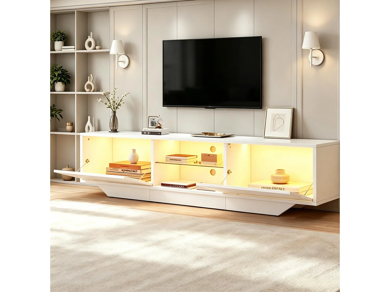 TV-Schrank 160 cm Hochglanz weiß mit LED-Beleuchtung, 2 Klapptüren und 4 Staurräumen für Wohnzimmer