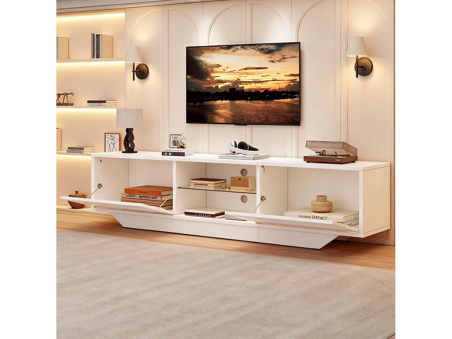 TV-Schrank 160 cm Hochglanz weiß mit LED-Beleuchtung, 2 Klapptüren und 4 Staurräumen für Wohnzimmer