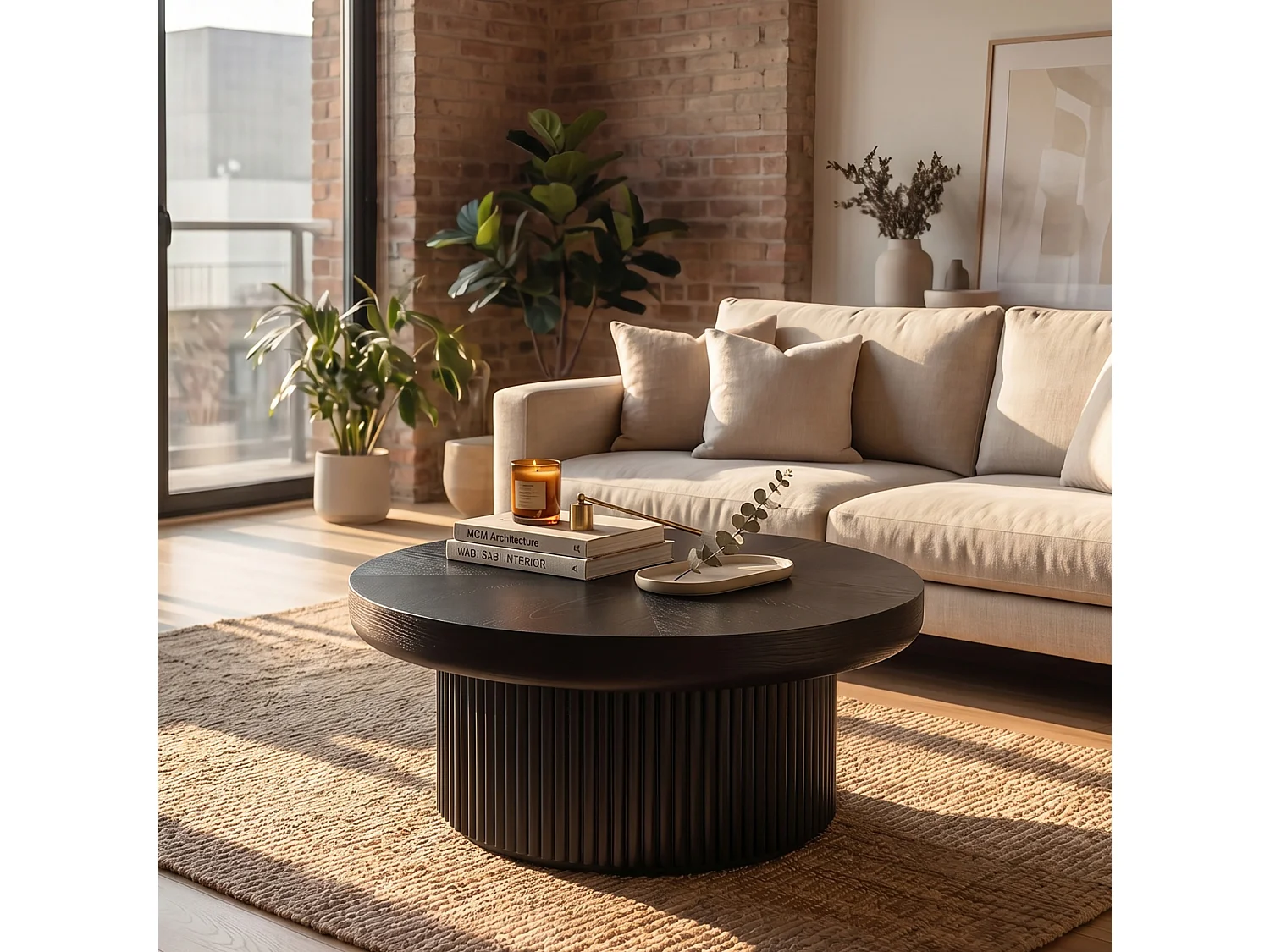 Tavolino basso rotondo diametro 78 cm finitura nera per soggiorno, piano parquet spessore 8 cm, base cilindrica scanalata