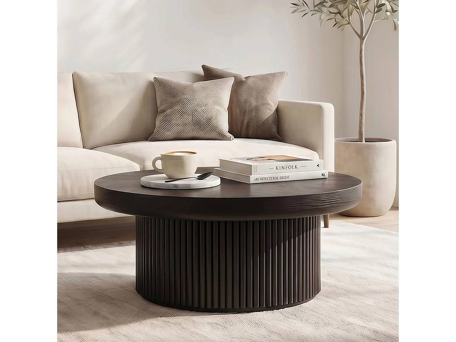 Tavolino basso rotondo diametro 78 cm finitura nera per soggiorno, piano parquet spessore 8 cm, base cilindrica scanalata