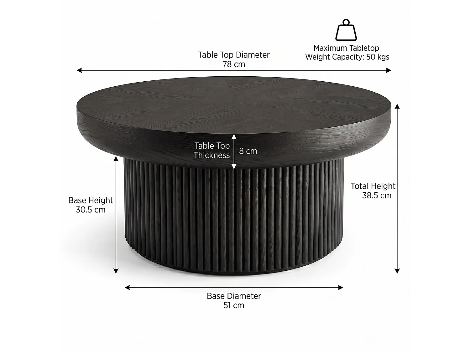 Tavolino basso rotondo diametro 78 cm finitura nera per soggiorno, piano parquet spessore 8 cm, base cilindrica scanalata