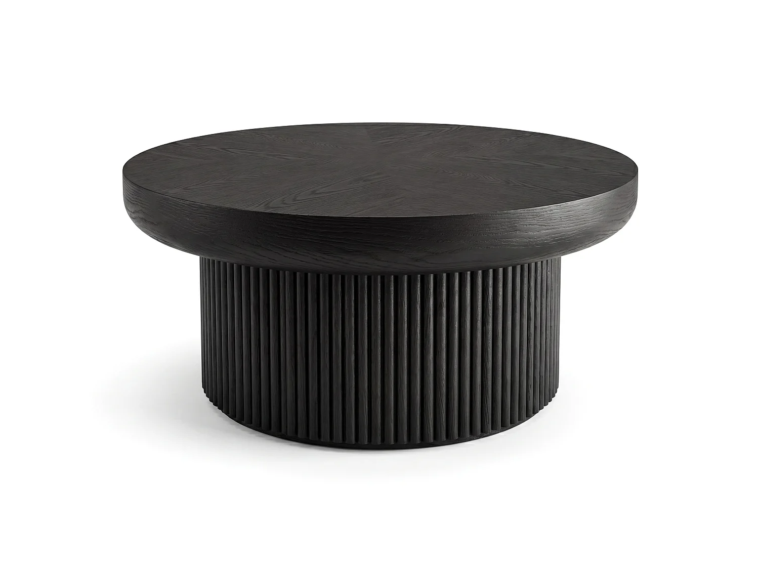 Tavolino basso rotondo diametro 78 cm finitura nera per soggiorno, piano parquet spessore 8 cm, base cilindrica scanalata