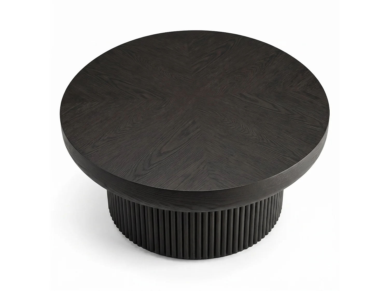 Tavolino basso rotondo diametro 78 cm finitura nera per soggiorno, piano parquet spessore 8 cm, base cilindrica scanalata