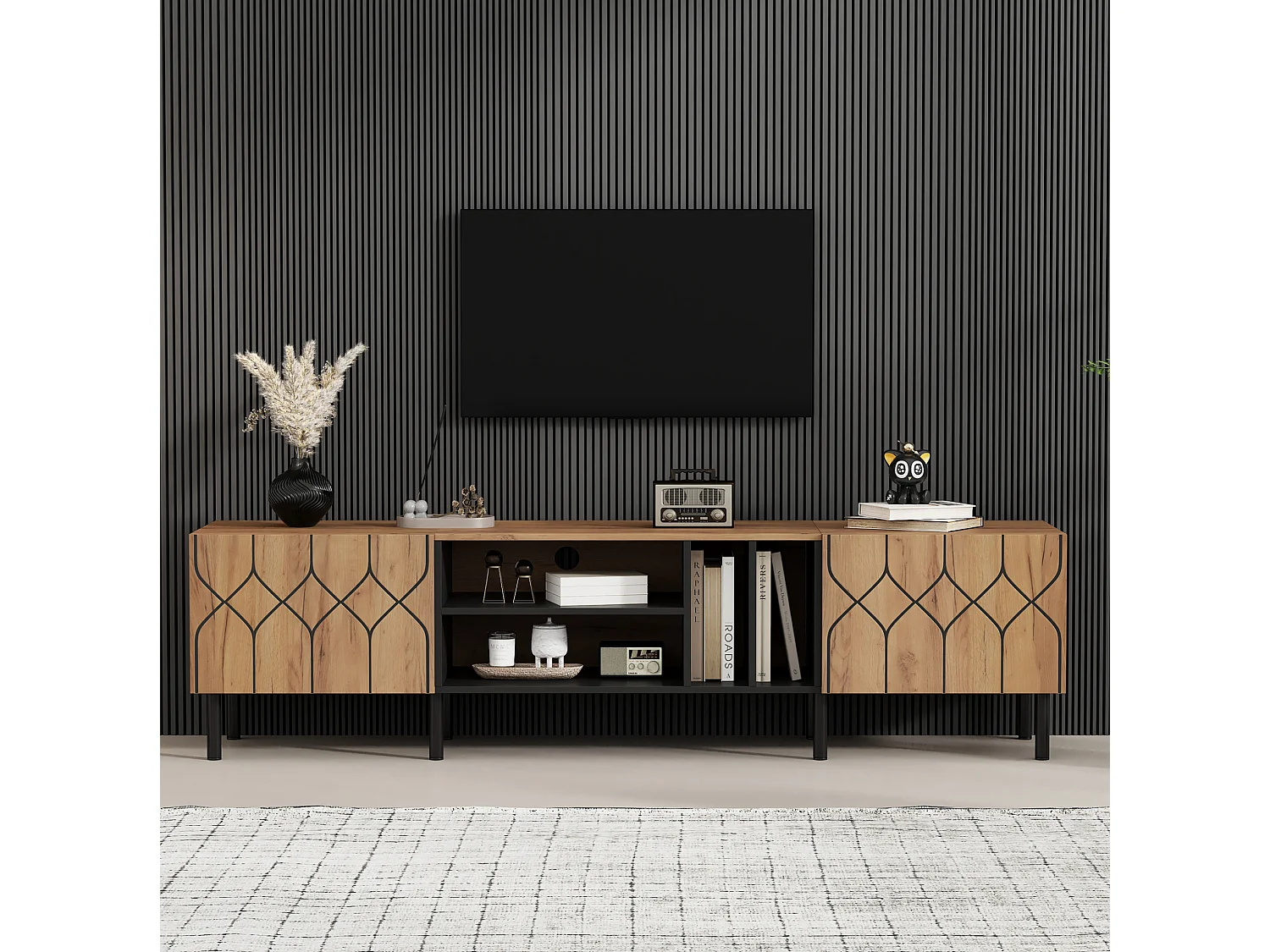 Mobile TV 180 cm nero con decoro legno, 2 ante e 4 nicchie contenitive per soggiorno