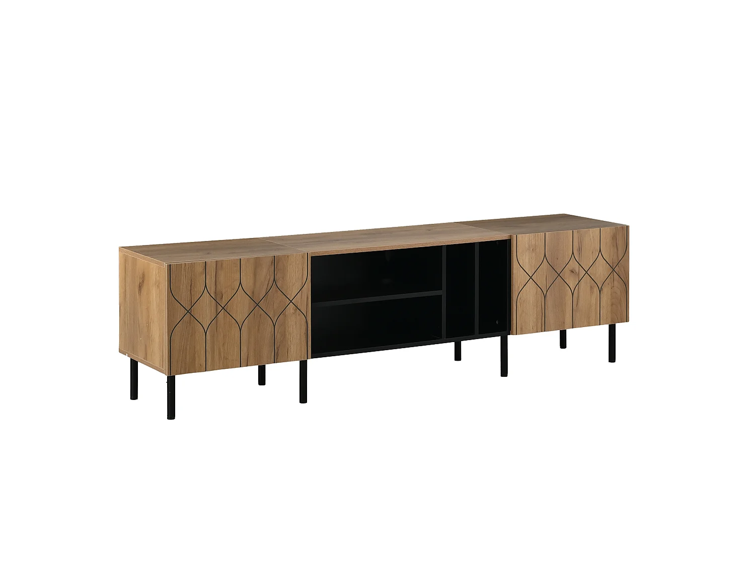 Mobile TV 180 cm nero con decoro legno, 2 ante e 4 nicchie contenitive per soggiorno