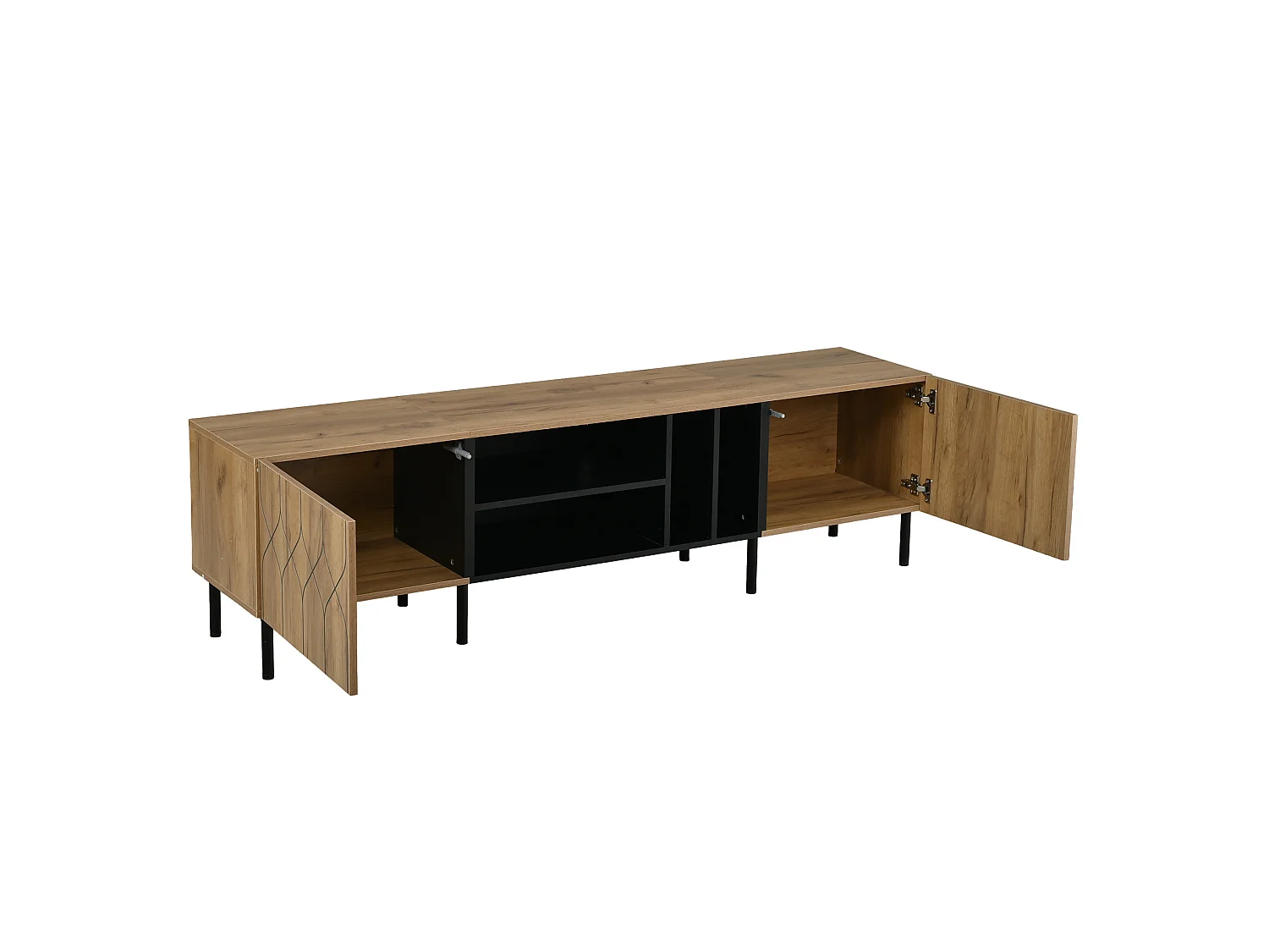 Mobile TV 180 cm nero con decoro legno, 2 ante e 4 nicchie contenitive per soggiorno
