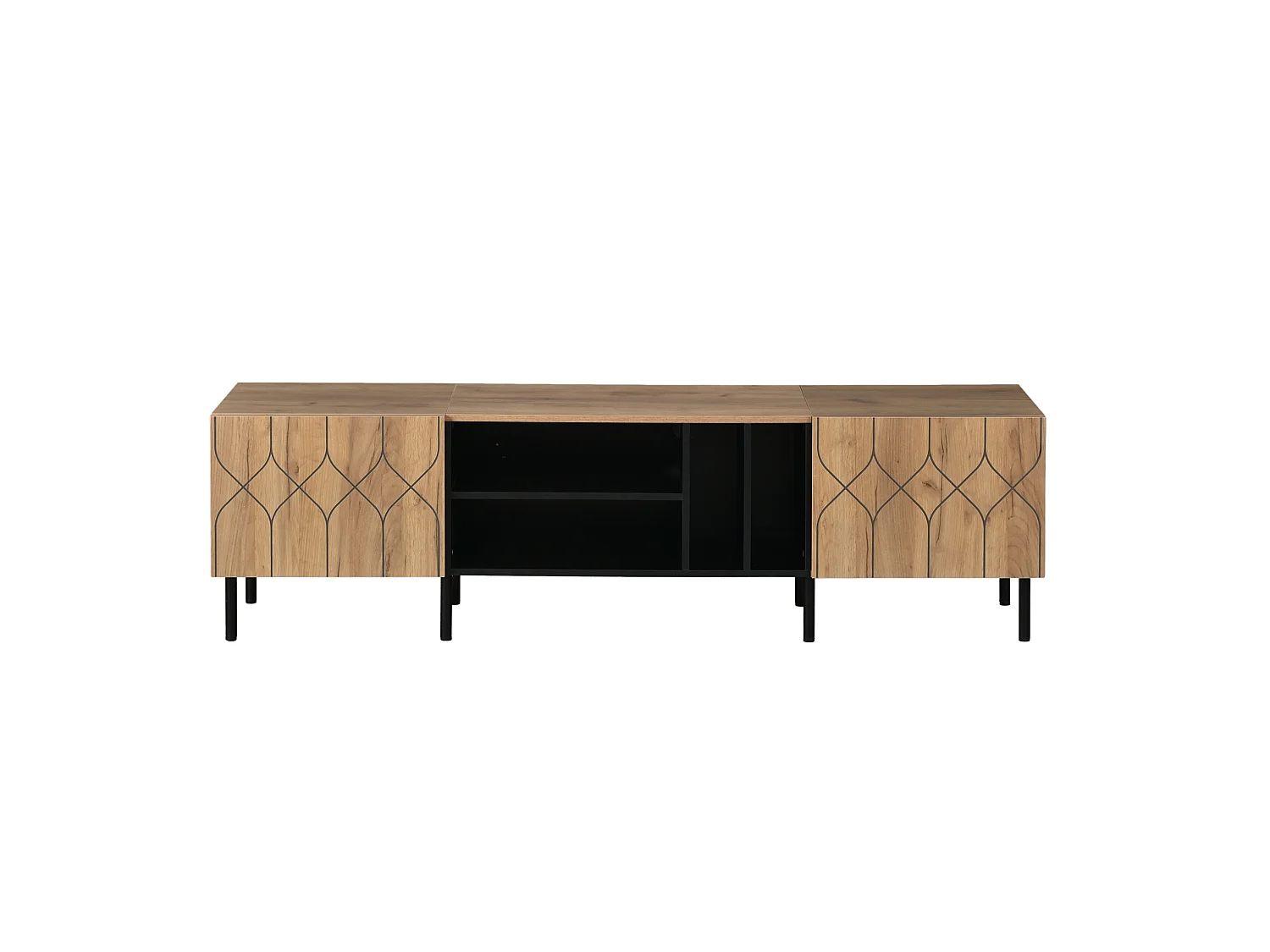Mobile TV 180 cm nero con decoro legno, 2 ante e 4 nicchie contenitive per soggiorno