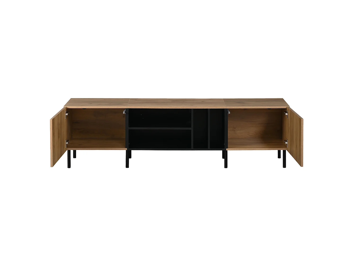 Mobile TV 180 cm nero con decoro legno, 2 ante e 4 nicchie contenitive per soggiorno