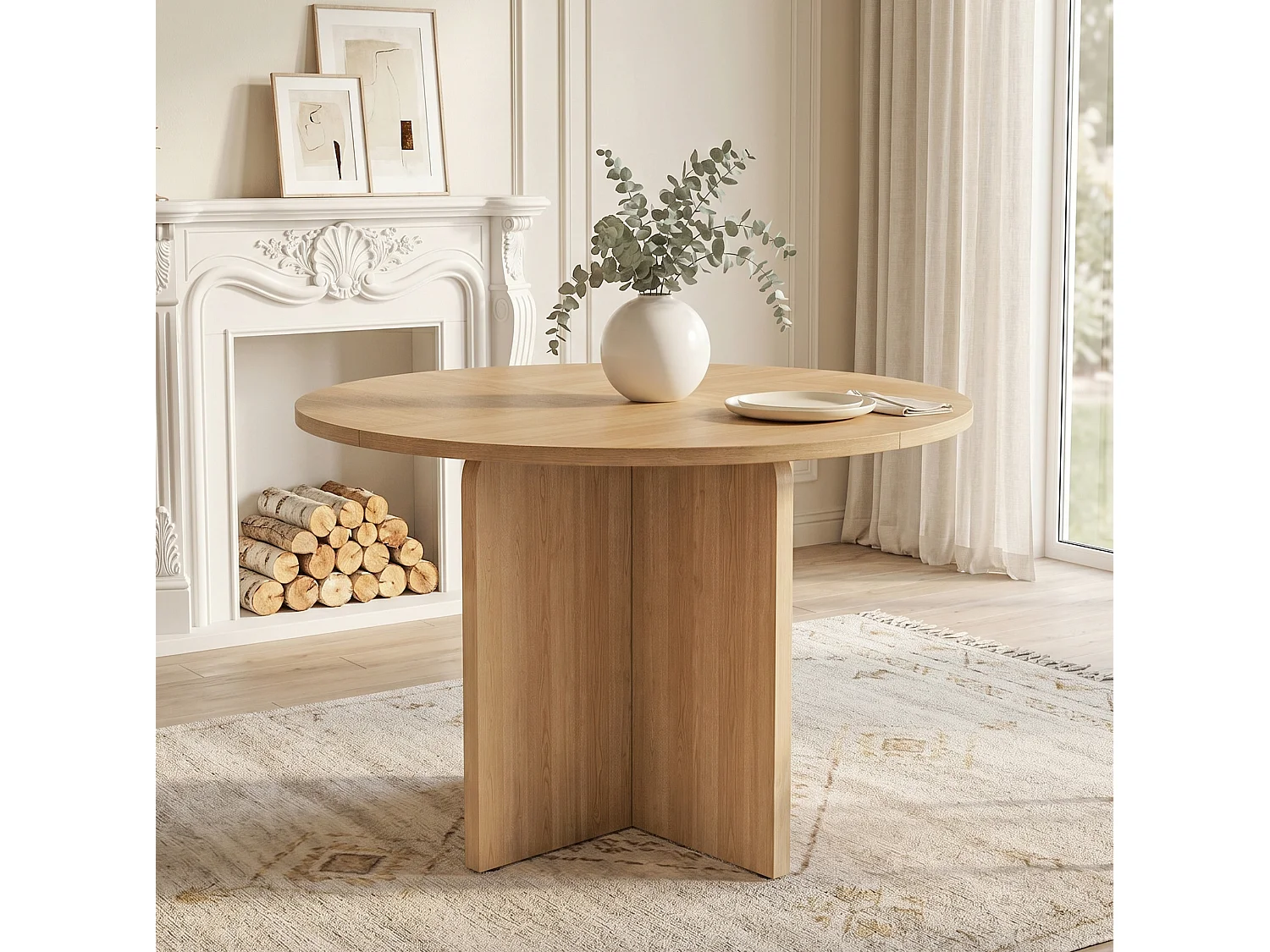 Table à manger ronde 120 cm naturel pour 4 à 6 personnes, plateau aspect bois en MDF