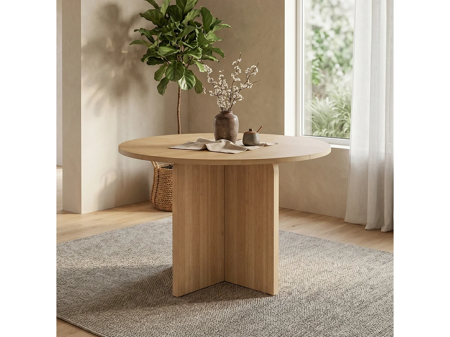 Table à manger ronde 120 cm naturel pour 4 à 6 personnes, plateau aspect bois en MDF