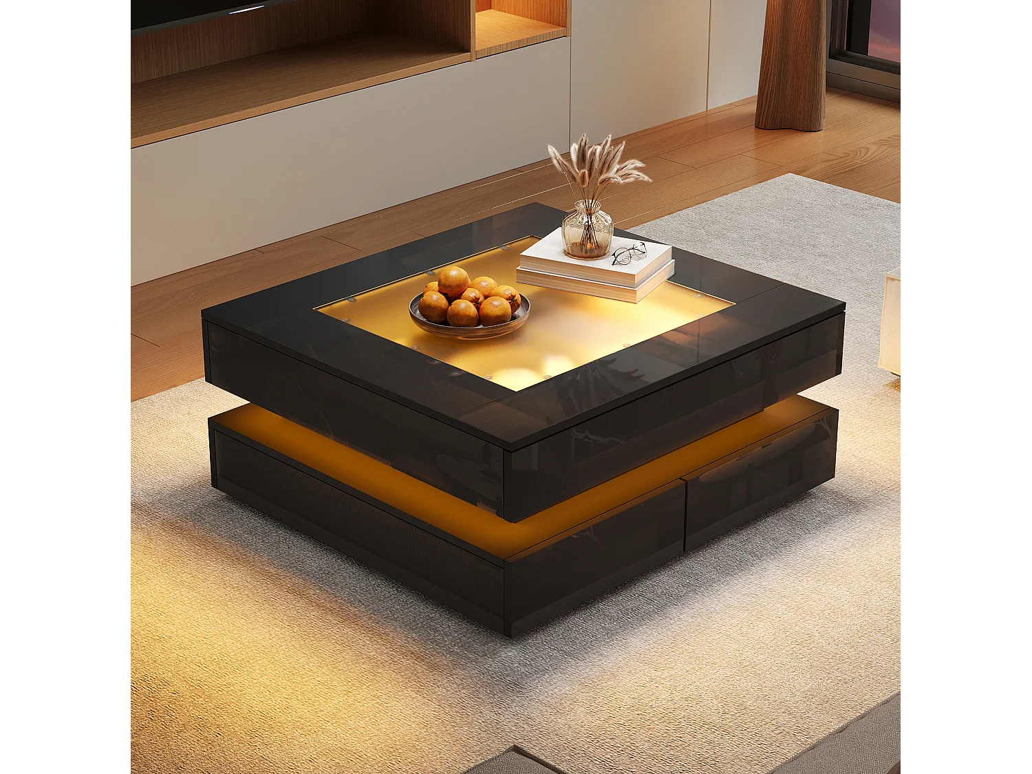 Tavolino basso quadrato 70x70x35 cm nero lucido con piano vetro temperato e illuminazione led per soggiorno, 3 cassetti