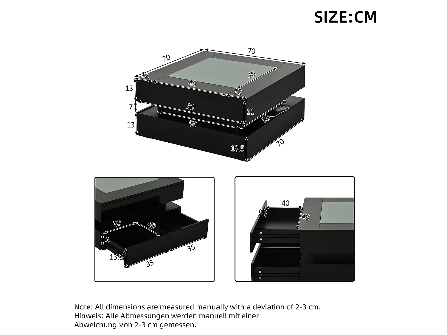 Tavolino basso quadrato 70x70x35 cm nero lucido con piano vetro temperato e illuminazione led per soggiorno, 3 cassetti