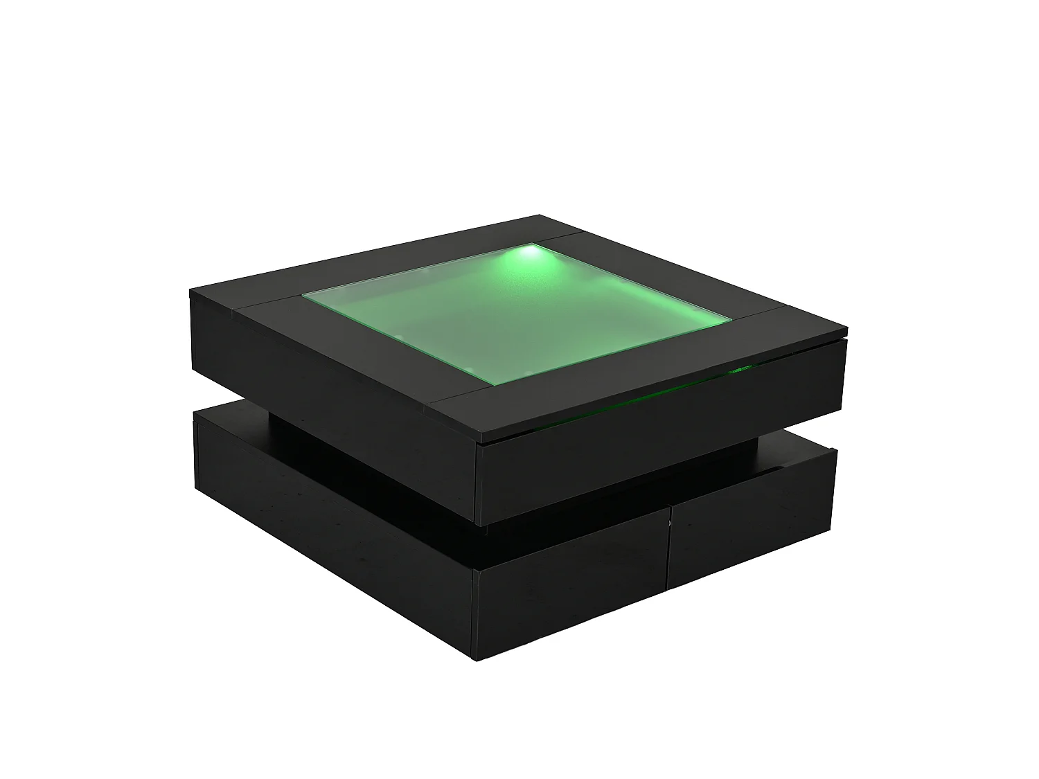 Tavolino basso quadrato 70x70x35 cm nero lucido con piano vetro temperato e illuminazione led per soggiorno, 3 cassetti