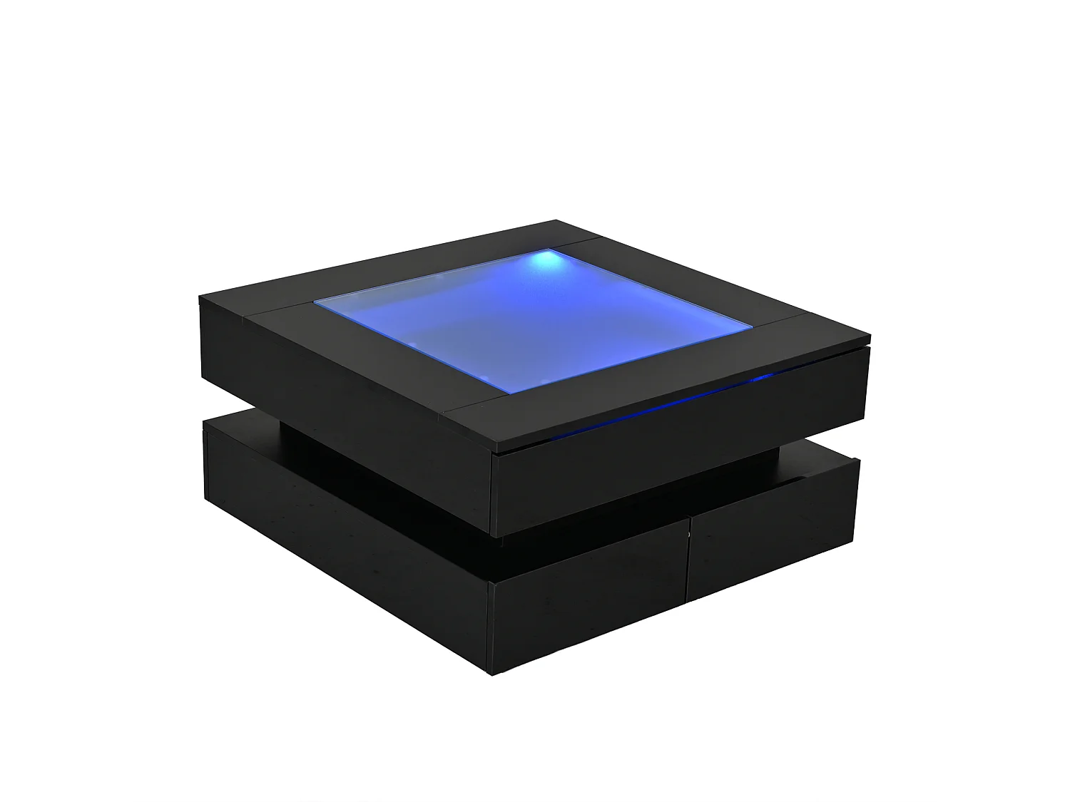 Tavolino basso quadrato 70x70x35 cm nero lucido con piano vetro temperato e illuminazione led per soggiorno, 3 cassetti