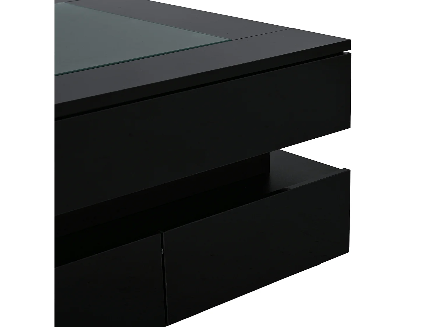 Tavolino basso quadrato 70x70x35 cm nero lucido con piano vetro temperato e illuminazione led per soggiorno, 3 cassetti