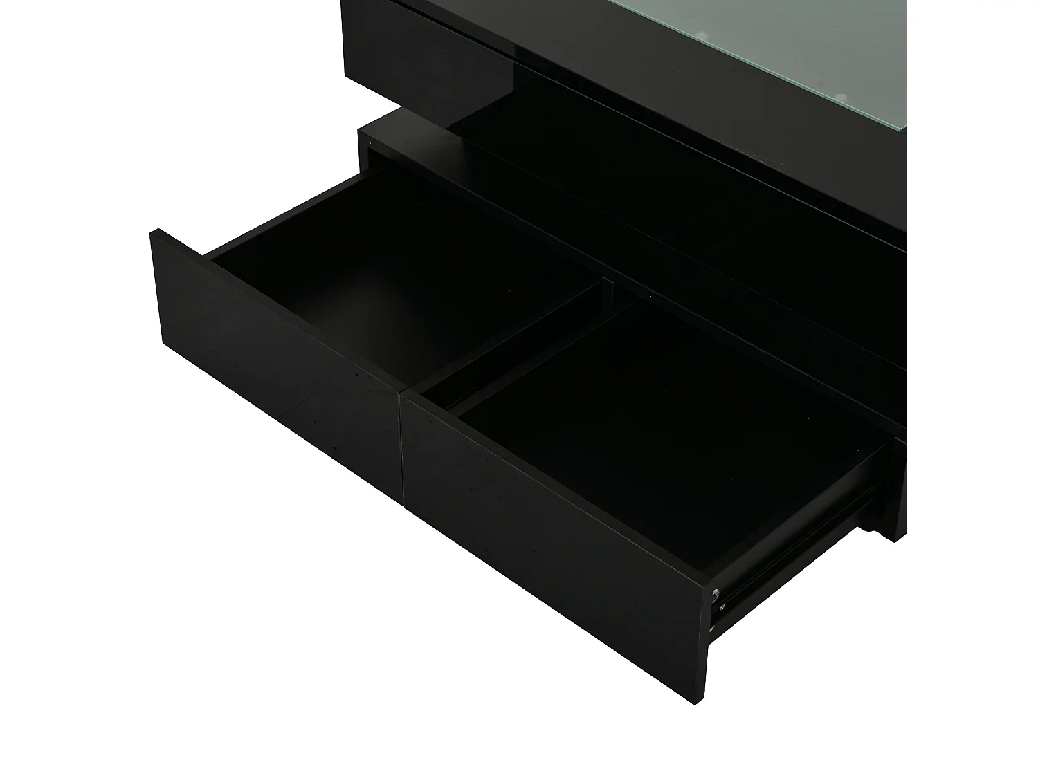 Tavolino basso quadrato 70x70x35 cm nero lucido con piano vetro temperato e illuminazione led per soggiorno, 3 cassetti