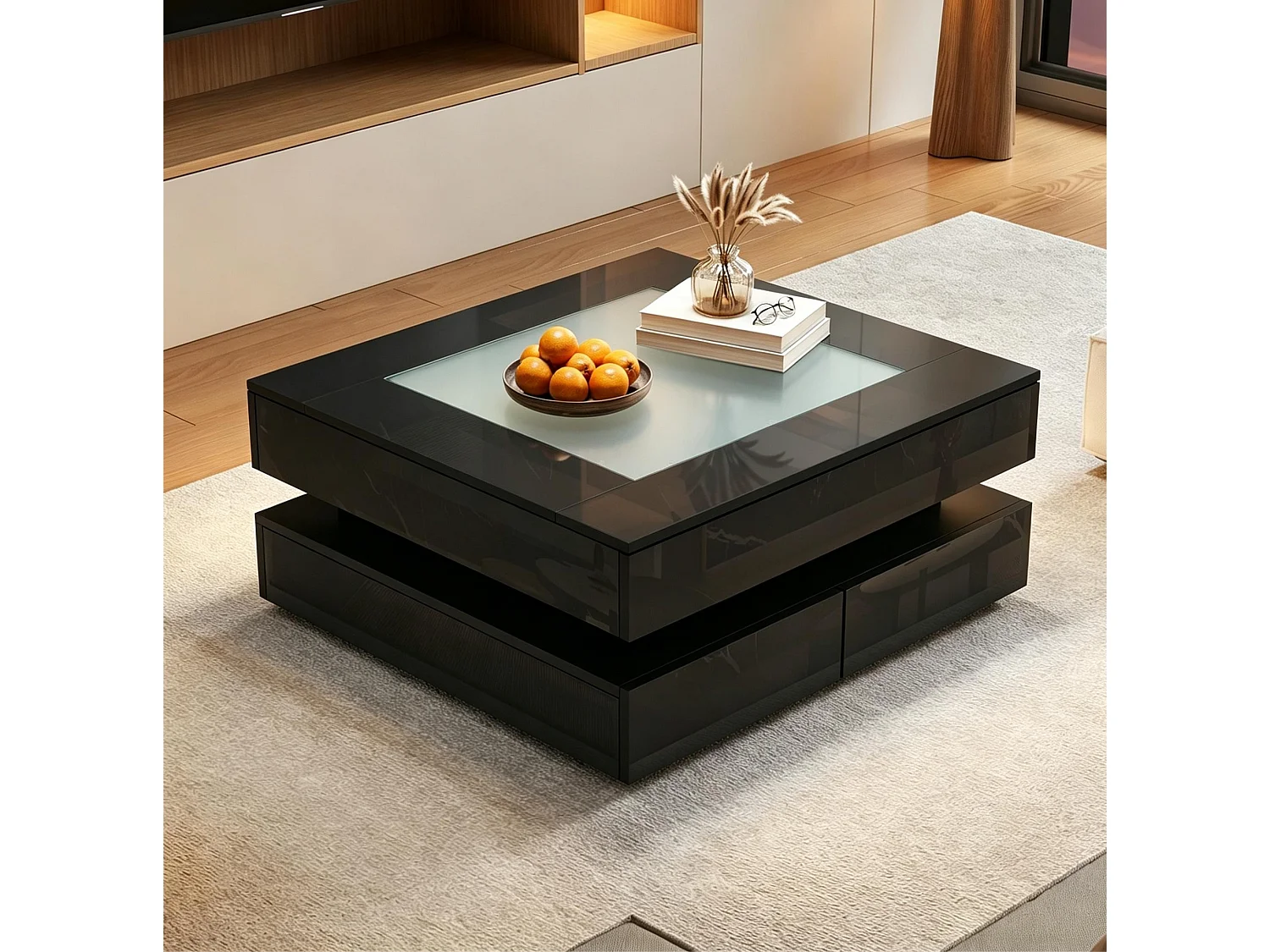 Tavolino basso quadrato 70x70x35 cm nero lucido con piano vetro temperato e illuminazione led per soggiorno, 3 cassetti